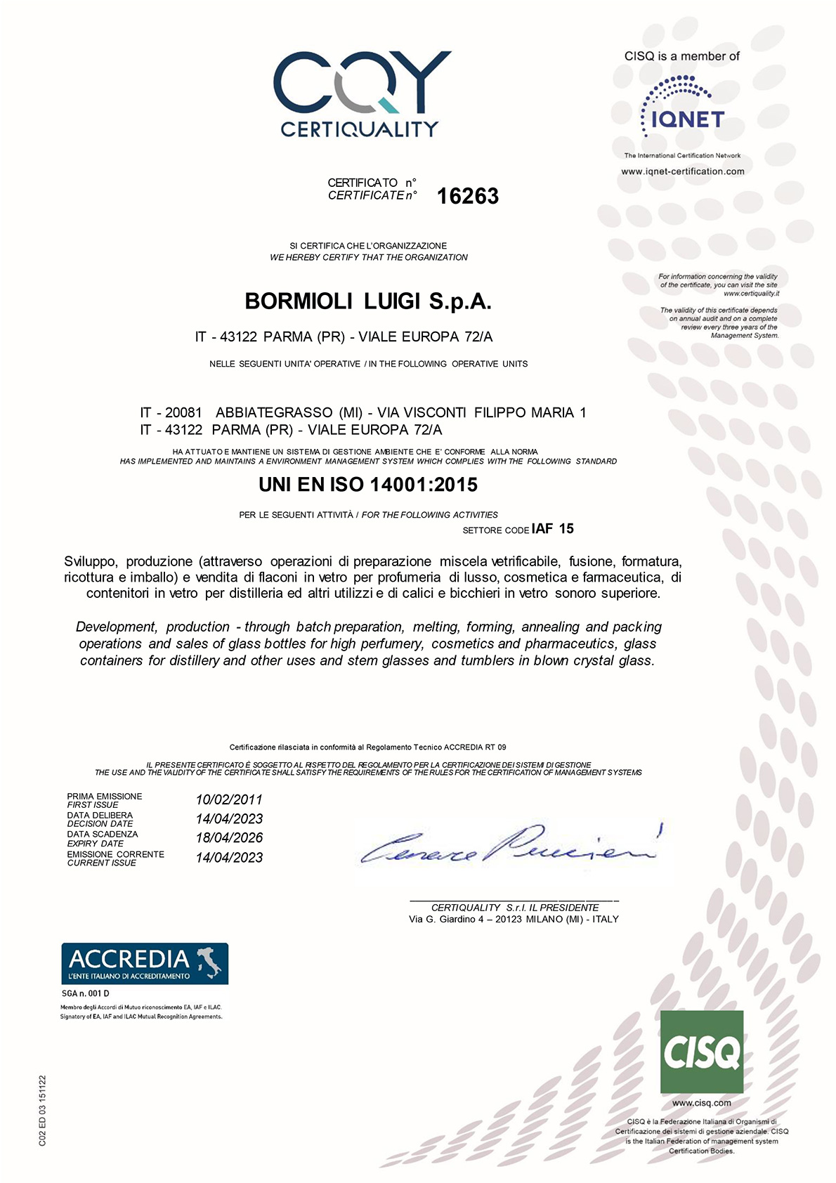 Certificato AMBIENTE ISO 14001
