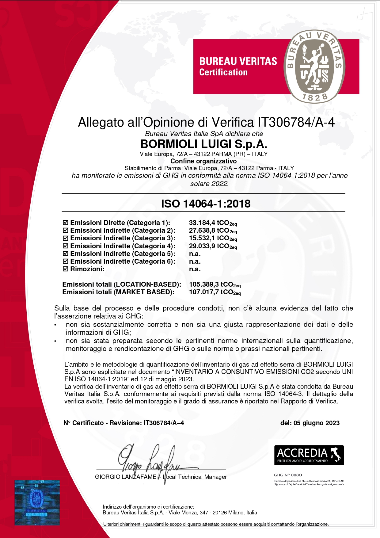 Certificato GAS SERRA ISO 14064