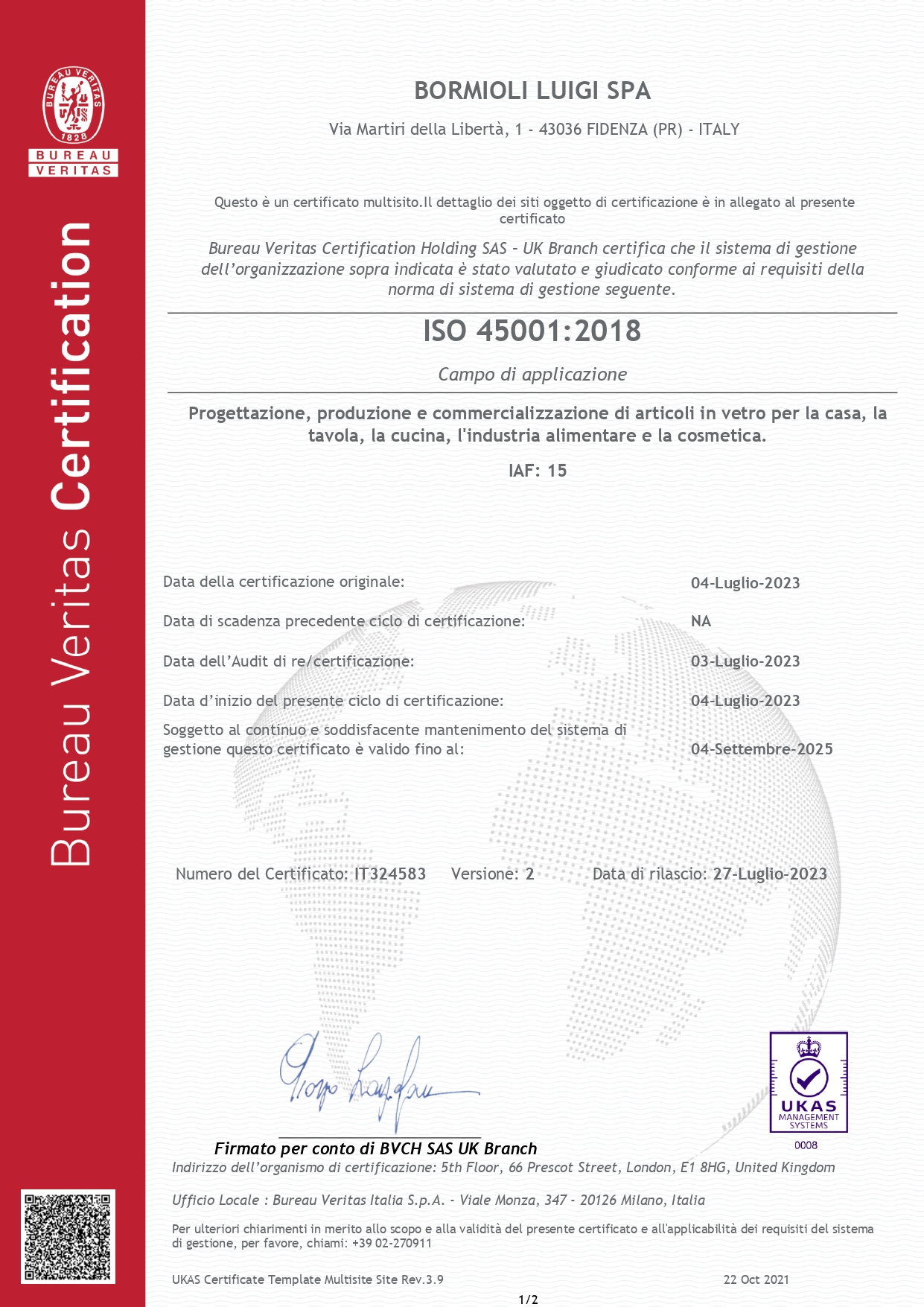 Certificato SICUREZZA ISO 45001