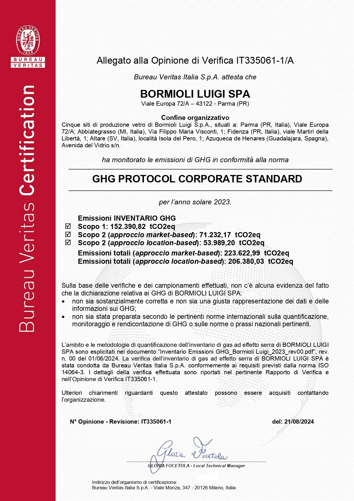 Certificato GHG PROTOCOL CORPORATE STANDARD