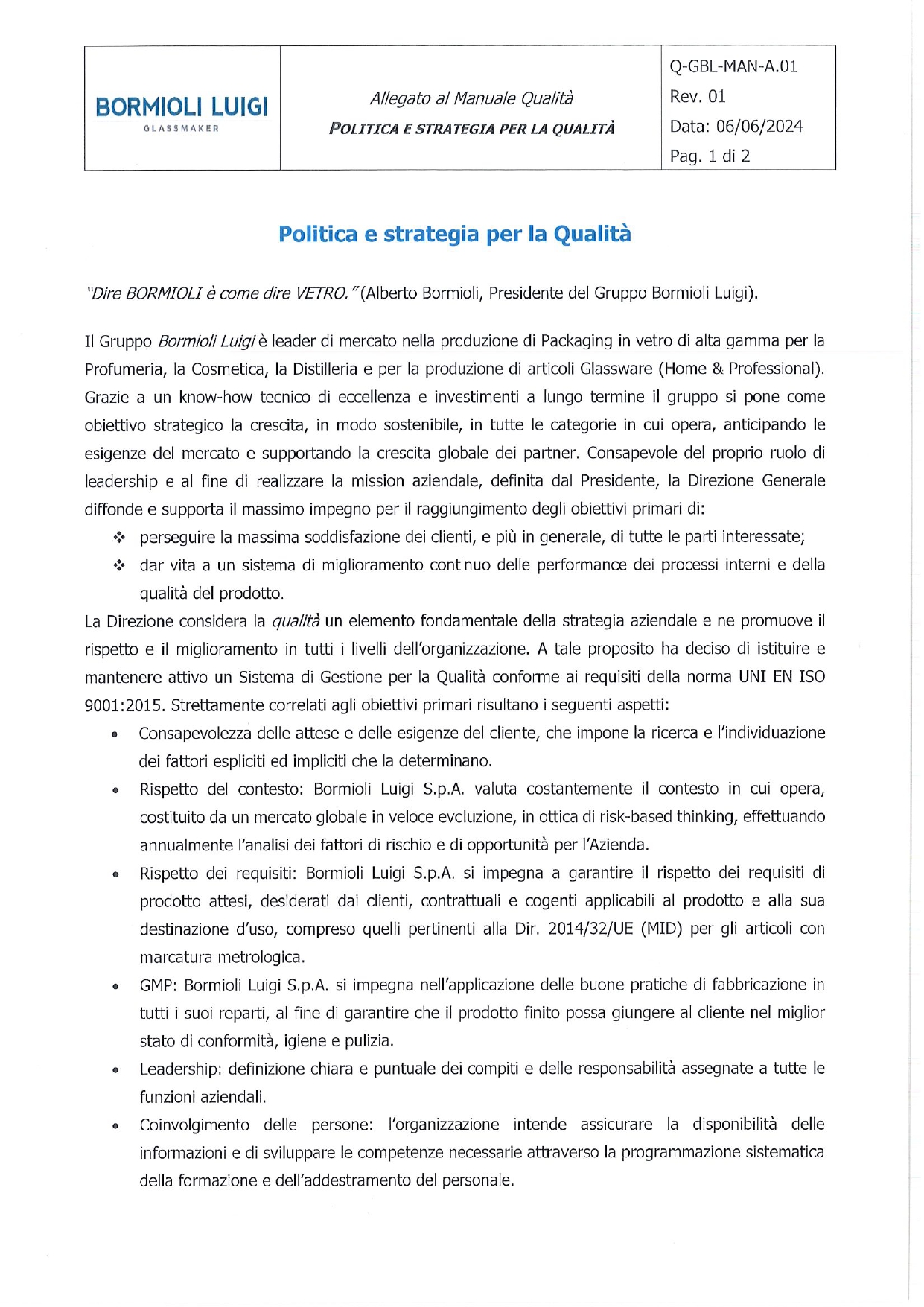 Politica e strategia  per la qualita'